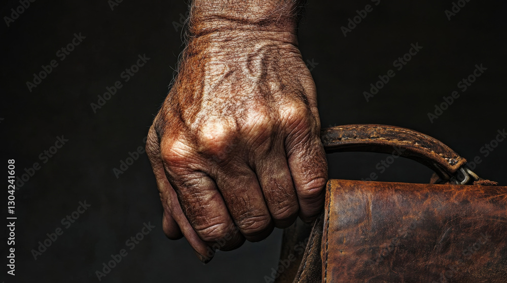 A close-up of a rugged male hand firmly holding the handle of an aged leather bag, veins subtly visible beneath the skin, the bag's handle appearing worn from years of use A close-up of a rugged male hand firmly holding the handle of an aged leather bag, veins subtly visible beneath the skin, the bag's handle appearing worn from years of use