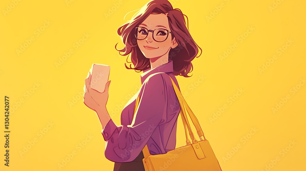 A business woman in a purple blouse, holding a yellow handbag while checking her mobile phone, colorful anime style A business woman in a purple blouse, holding a yellow handbag while checking her mobile phone, colorful anime style