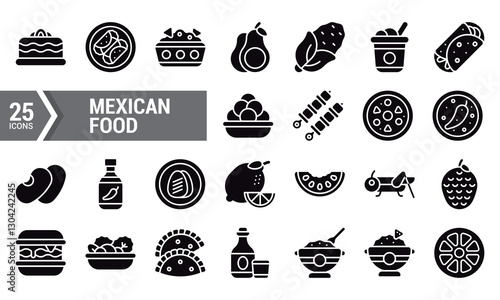 25 Black Glyph Icons for Mexican Food Design.