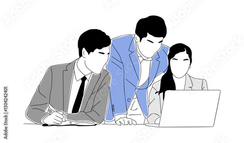 Business team members working together at laptop. Young business men and woman discussing, meeting, brainstorming. Team work concept. Modern vector outline illustration Isolated 