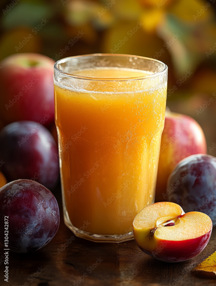 Glass of apple juice surrounded by apples and plums. Glass of apple juice surrounded by apples and plums.