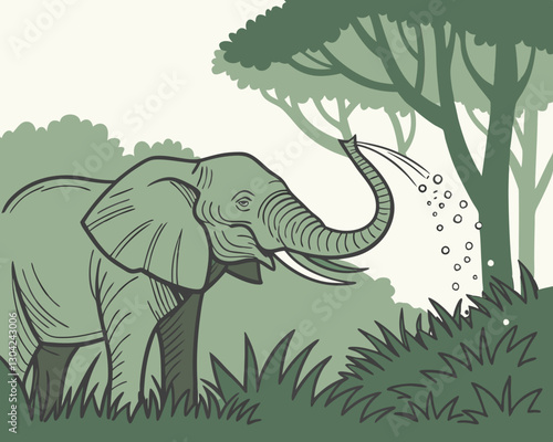 A giant elephant spraying water with its trunk