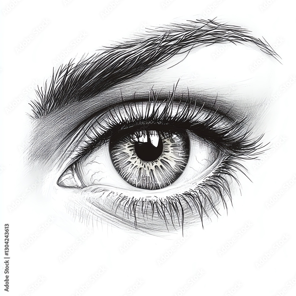 A striking sketch of a human eye, with expressive features, intricate detail on the iris and lashes, and subtle light reflections to highlight its depth and beauty A striking sketch of a human eye, with expressive features, intricate detail on the iris and lashes, and subtle light reflections to highlight its depth and beauty