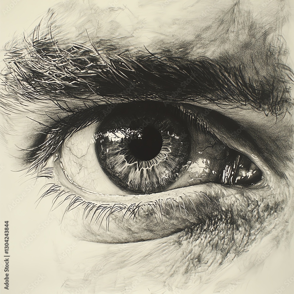 Fototapeta premium An expressive charcoal sketch of a human eye, with soft, smudged shading around the iris and lifelike texture in the pupil, creating a strong visual impact