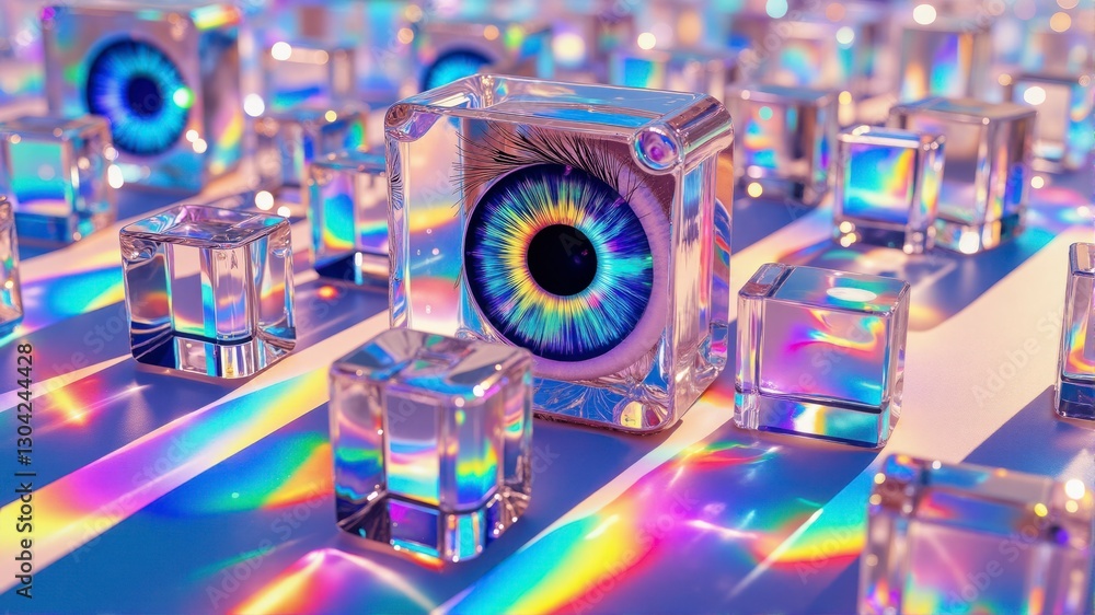 Fototapeta premium A colorful cube with a rainbow colored eye is surrounded by other cubes