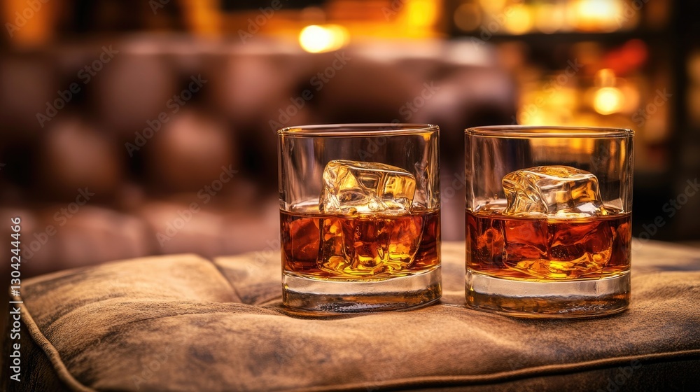 Two glasses of whiskey are clinked together on a comfortable couch, with a bar menu and cozy ambiance enhancing the relaxed mood of the moment Two glasses of whiskey are clinked together on a comfortable couch, with a bar menu and cozy ambiance enhancing the relaxed mood of the moment