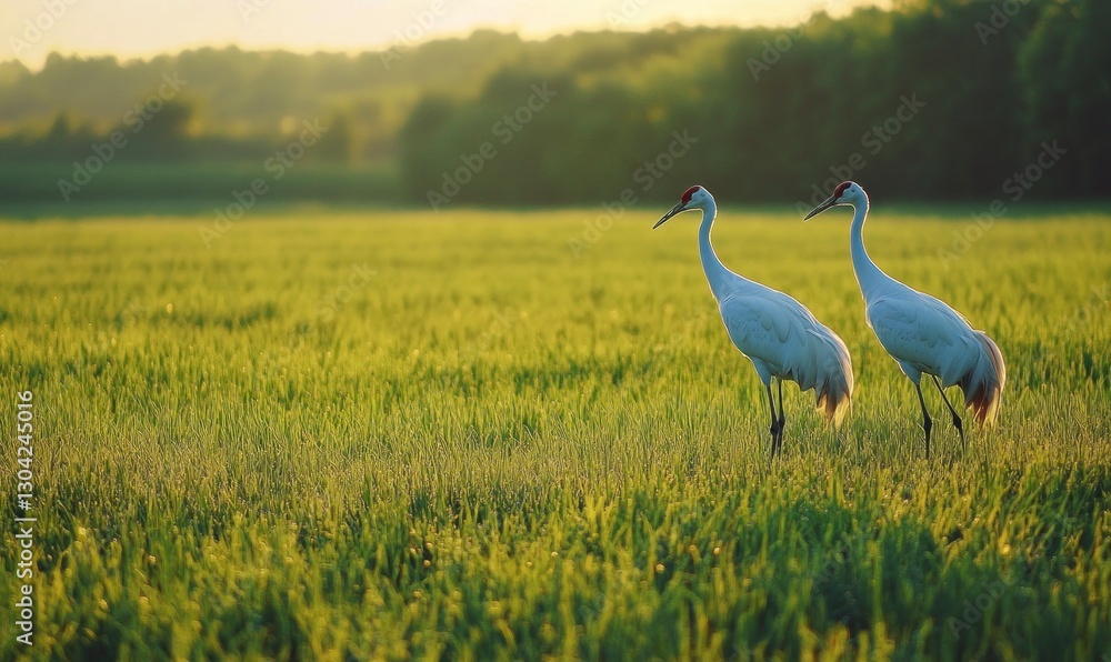 Fototapeta premium The vast grassland is full of lush green, with two elegant cranes standing on the field, looking at each other in a graceful manner