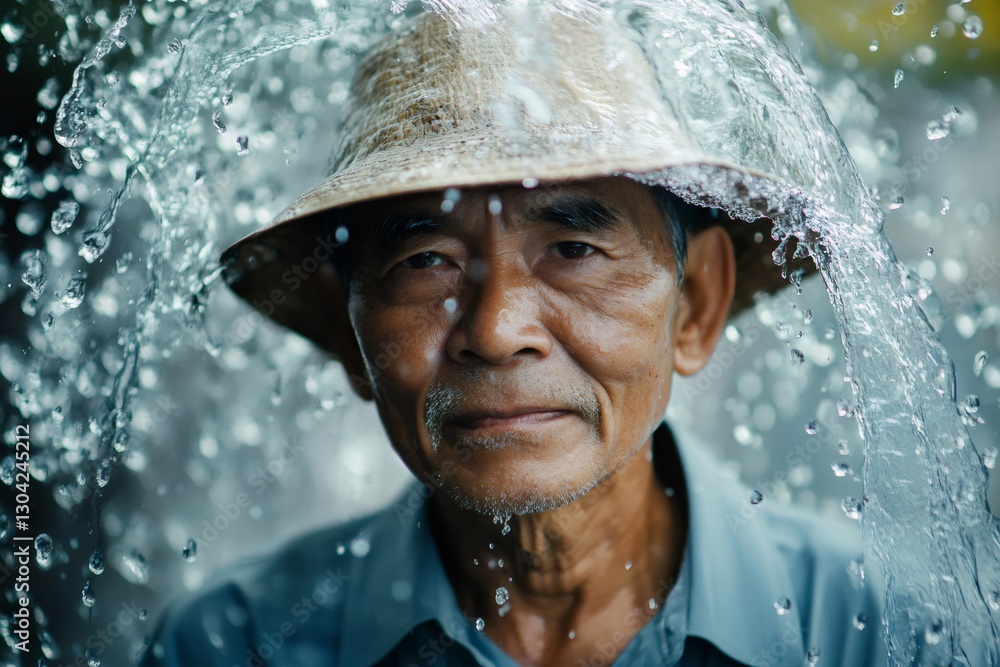 Fototapeta premium Portrait of an asian farmer wearing a straw hat, getting drenched under a refreshing stream of water, embodying serenity and wisdom