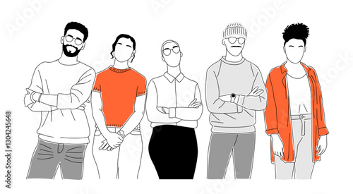 Business team members standing together. Different business men and women working and supporting each other. Team work concept. Modern vector simple outline illustration Isolated 