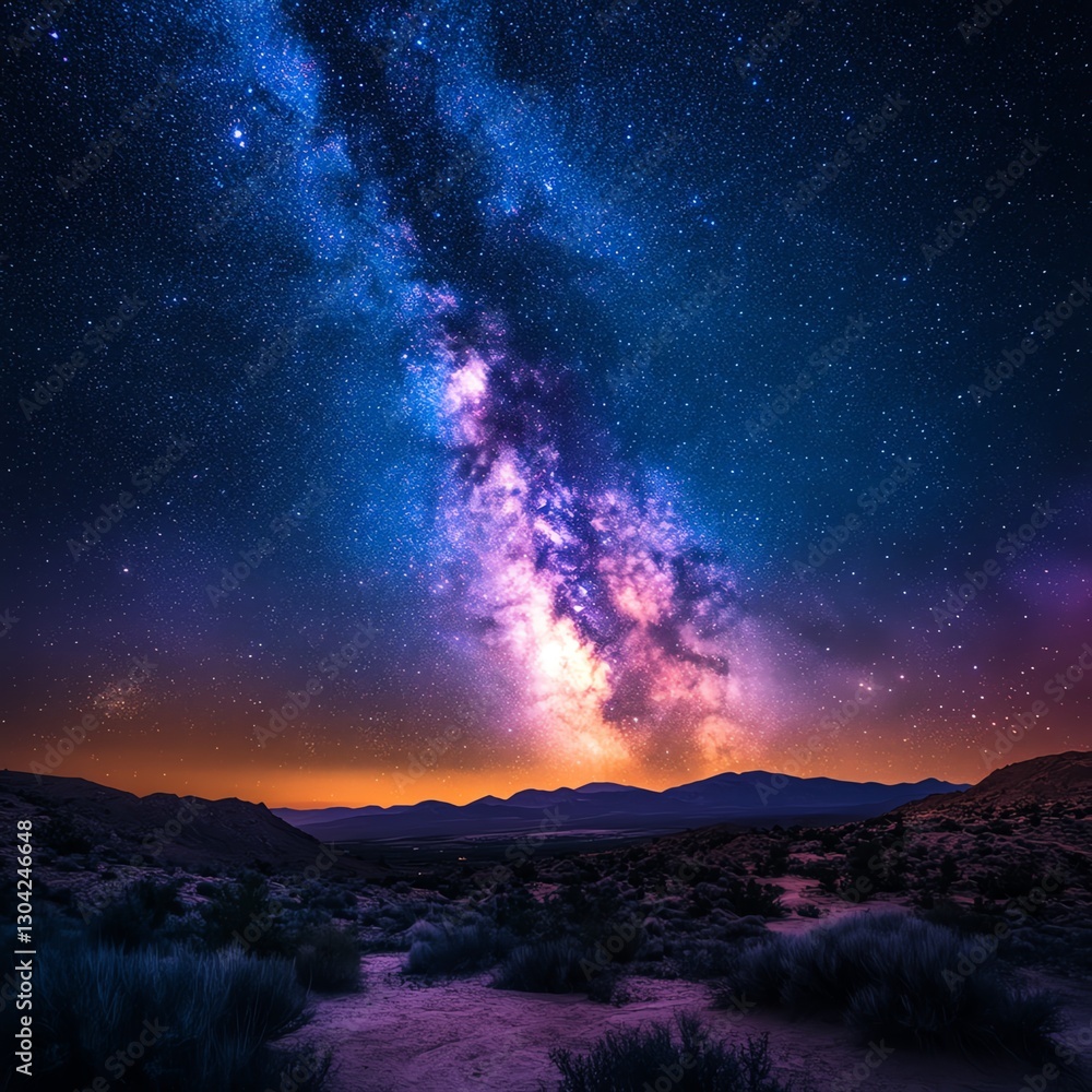 Fototapeta premium A vivid night sky over a desert landscape, the Milky Way stretched across the sky, with deep blue and purple tones illuminating the peaceful desert below