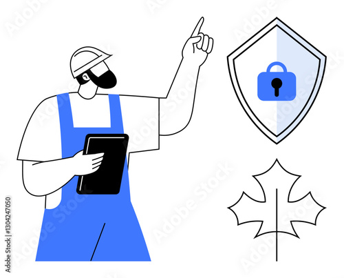 Construction worker holding tablet, pointing at security shield icon with padlock, beside maple leaf. Ideal for safety procedures, environmental awareness, construction planning, digital security