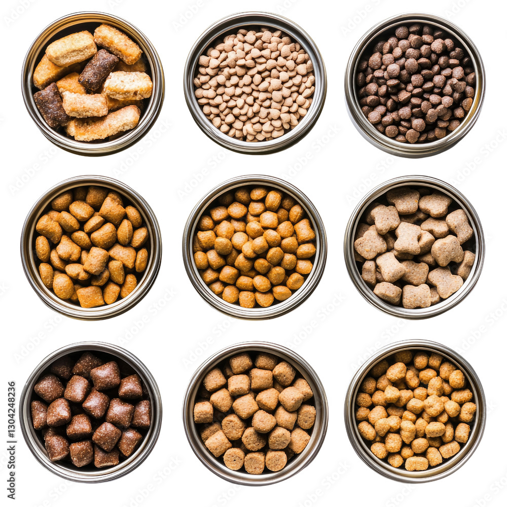 A Colorful Arrangement of Pet Food in Metal Bowls Showcasing Different Textures and Shapes for Nutritional Variety A Colorful Arrangement of Pet Food in Metal Bowls Showcasing Different Textures and Shapes for Nutritional Variety