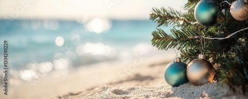 A festive Christmas tree adorned with blue and gold ornaments sits on a sandy beach, with the serene ocean in the background.