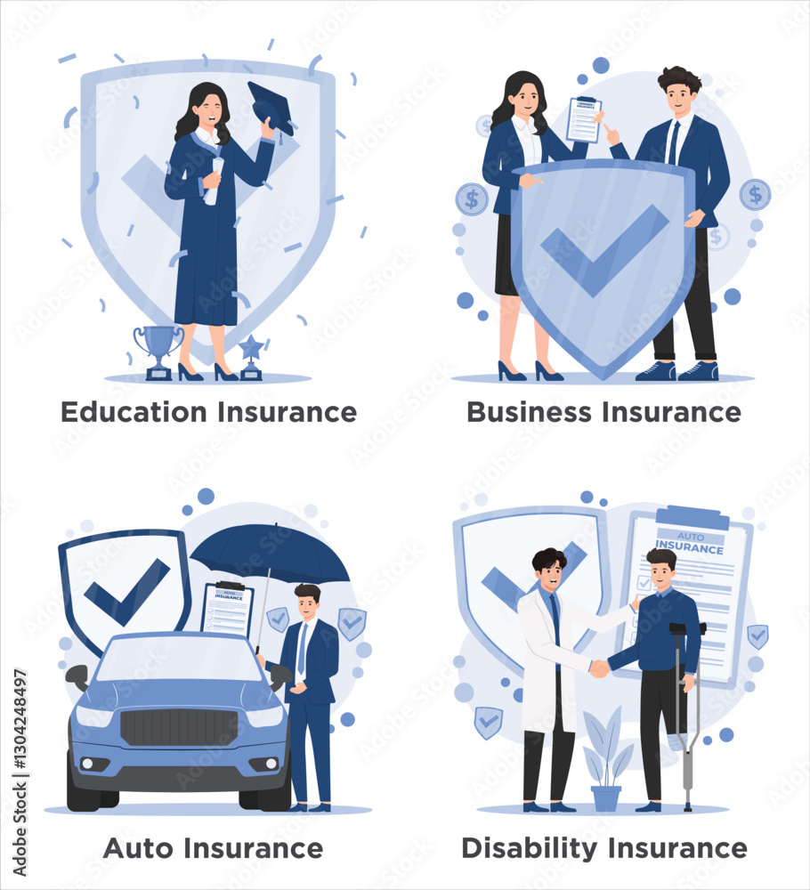 Set of Comprehensive insurance solutions covering auto, education, disability, business, and life, ensuring financial security and peace of mind Set of Comprehensive insurance solutions covering auto, education, disability, business, and life, ensuring financial security and peace of mind