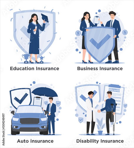 Set of Comprehensive insurance solutions covering auto, education, disability, business, and life, ensuring financial security and peace of mind