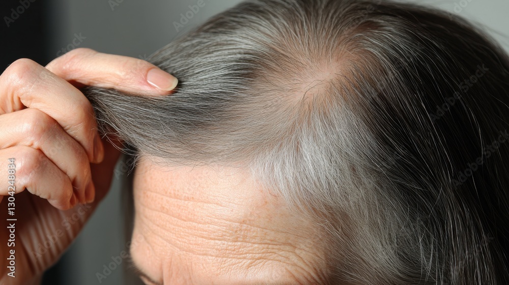 Obraz premium A senior woman examining her thinning hair