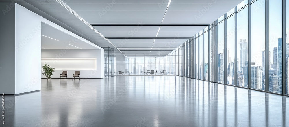 Modern Empty Office Corridor with City Views Modern Empty Office Corridor with City Views