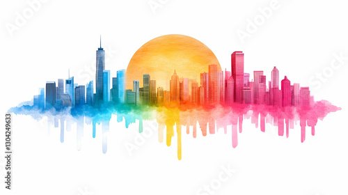 Wallpaper Mural Colorful Watercolor City Skyline at Sunrise Torontodigital.ca