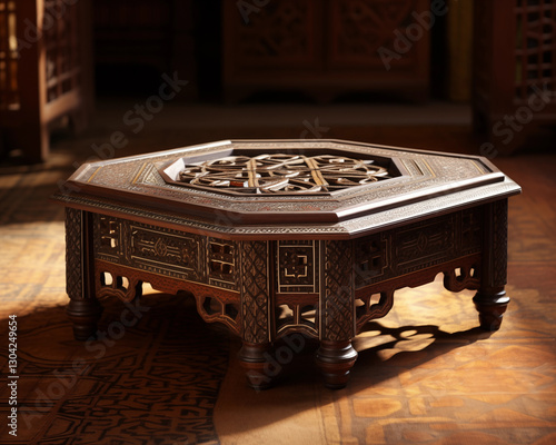 Octagonal Intarsia Coffee Table Moroccan Design Wood Carving