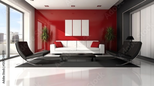 Wallpaper Mural Modern minimalist living room with red accents and city view Torontodigital.ca