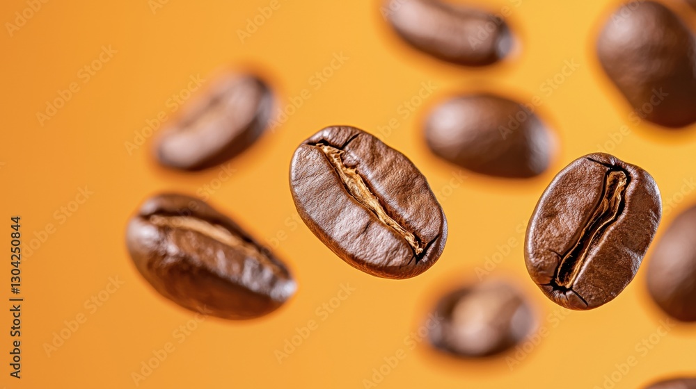 Flying coffee beans on an orange background Flying coffee beans on an orange background
