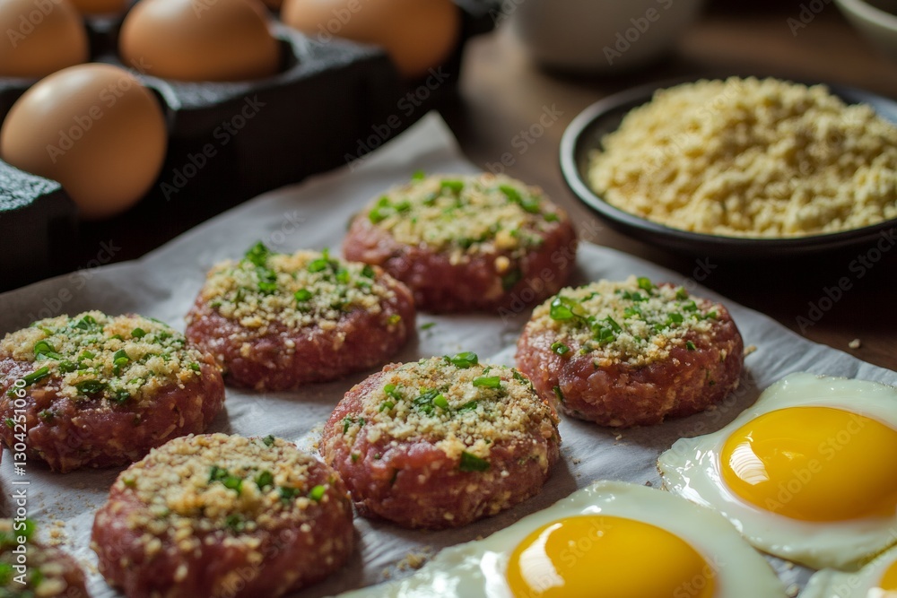 Raw mince patties seasoned with breadcrumbs and chives, accompanied by fried eggs, ready for cooking Raw mince patties seasoned with breadcrumbs and chives, accompanied by fried eggs, ready for cooking