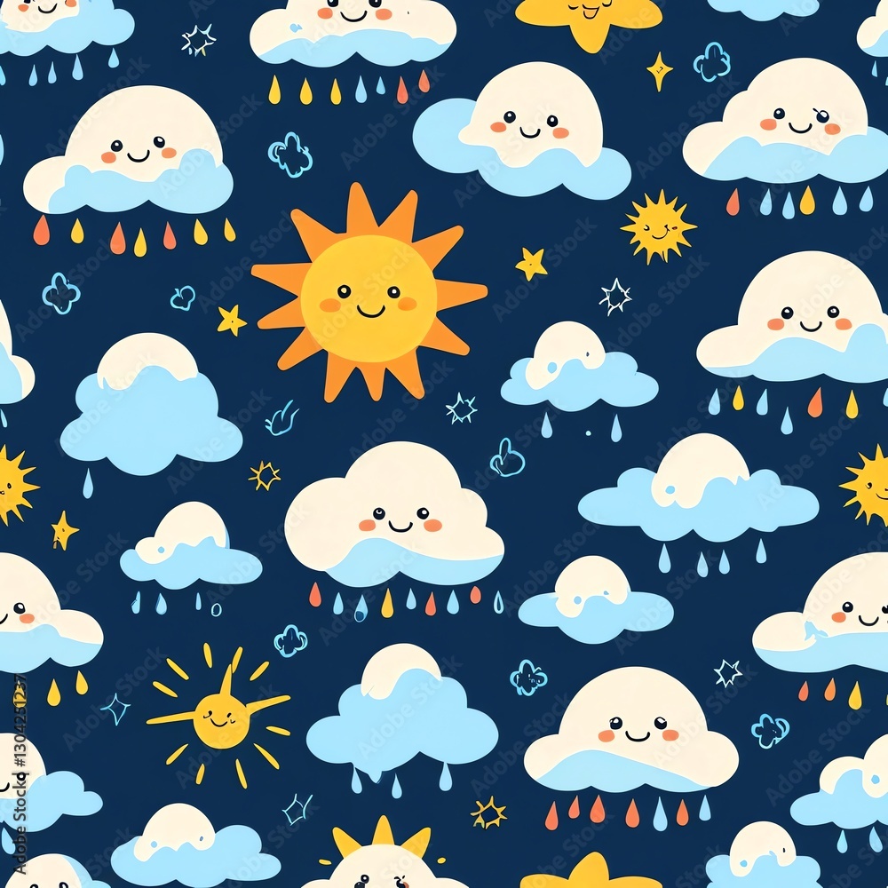 Adorable Cartoon Weather Pattern: Happy Clouds, Sunny Smiles, and Rainbows Adorable Cartoon Weather Pattern: Happy Clouds, Sunny Smiles, and Rainbows