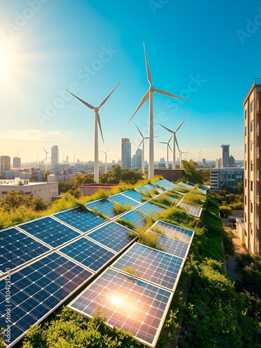 Solar panels on roof with wind turbine and clean energy technology photo