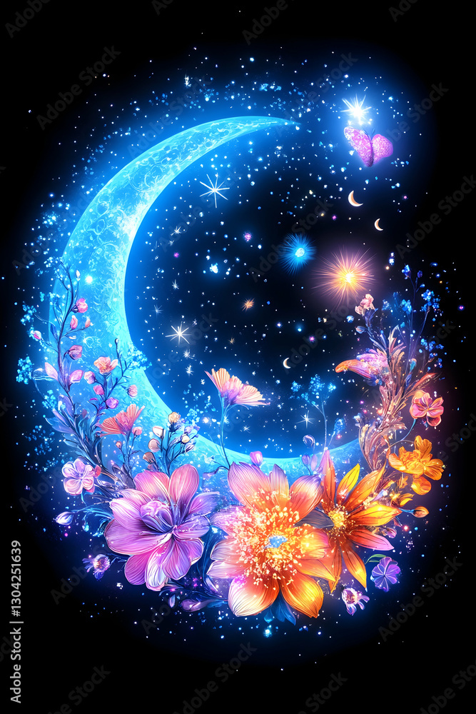 Fototapeta premium Crescent Moon Blooms Flowers Shine with Stars in a Dreamy Night Sky