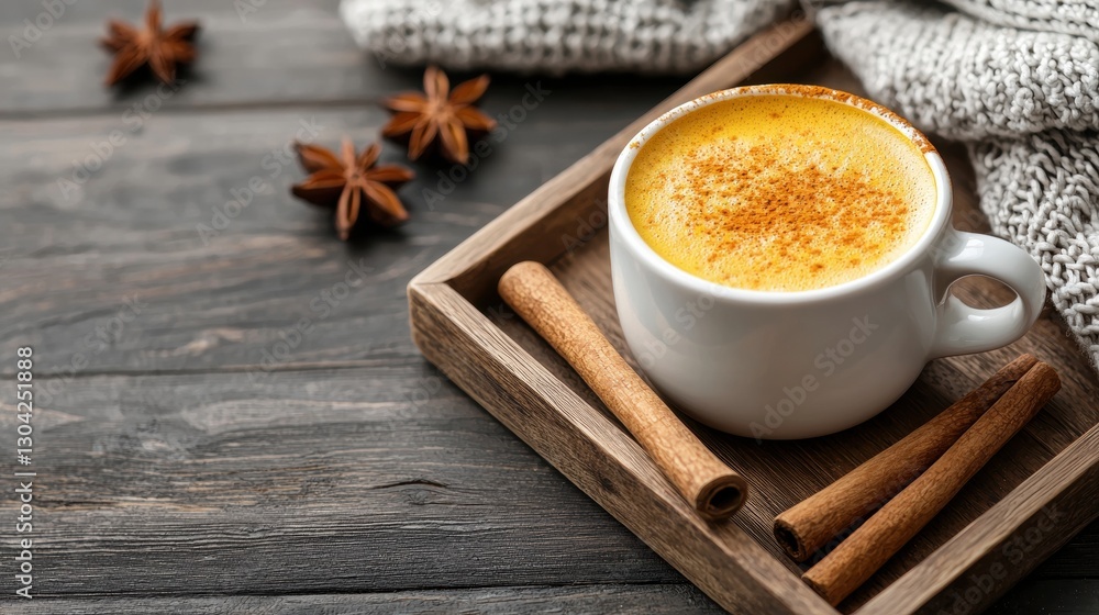 Warm cup of spiced drink on a rustic wooden tray. Warm cup of spiced drink on a rustic wooden tray.