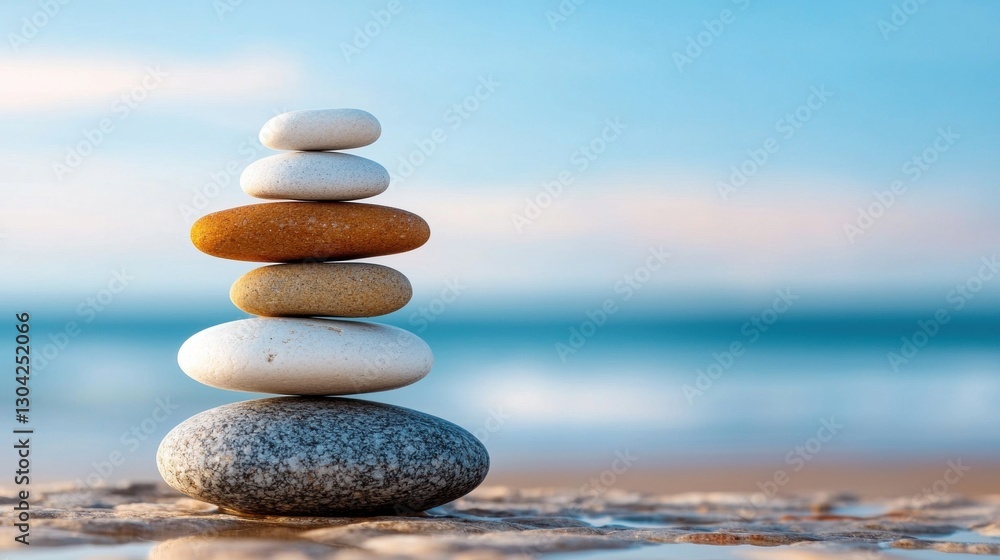 Stacked pebbles on a beach with a serene ocean backdrop. Stacked pebbles on a beach with a serene ocean backdrop.