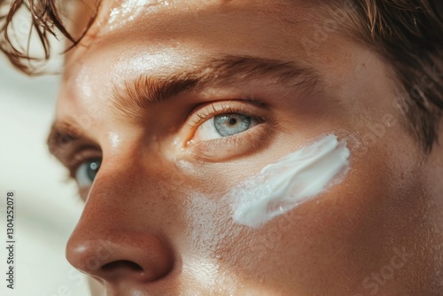 Close up of a young man applying moisturizing cream on his face, enhancing his skincare routine with a focus on hydration and healthy skin