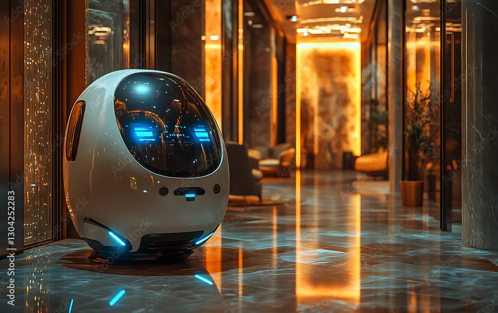 Fototapeta premium Robotic Security Unit Patrolling High-Tech Corporate Office 