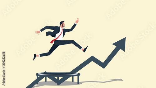 Entrepreneur Leaping Towards Success on Arrow Graph Chart Trampoline
