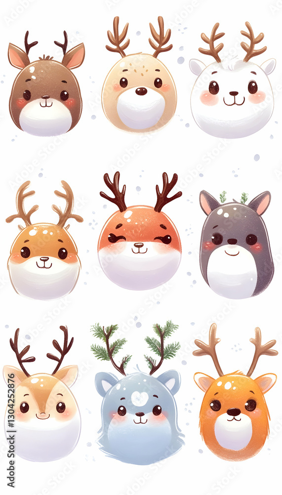 Cute Deer Faces, Winter Design Cute Deer Faces, Winter Design