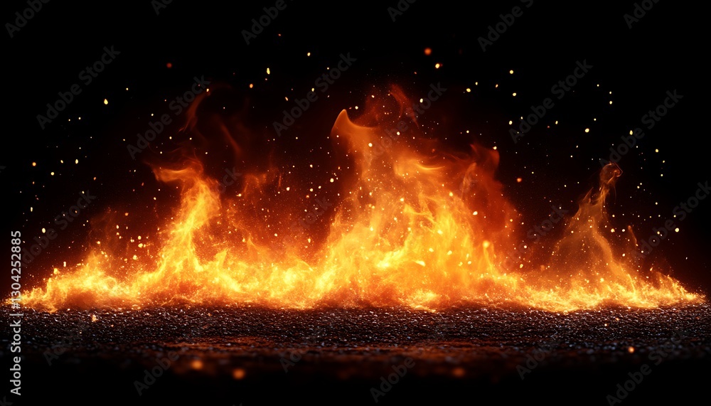 Fire burns on surface, dark backdrop, sparks fly Fire burns on surface, dark backdrop, sparks fly