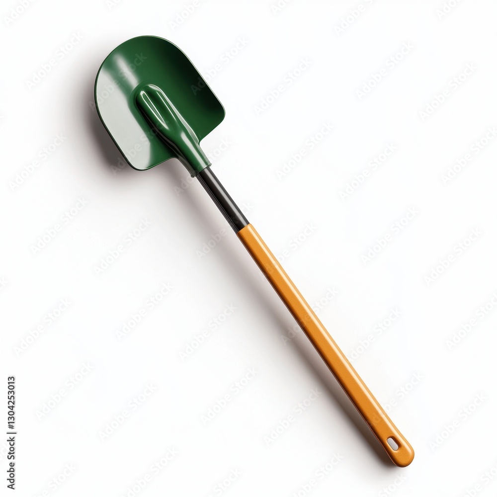 Garden shovel with a green head and wooden handle. Garden shovel with a green head and wooden handle.