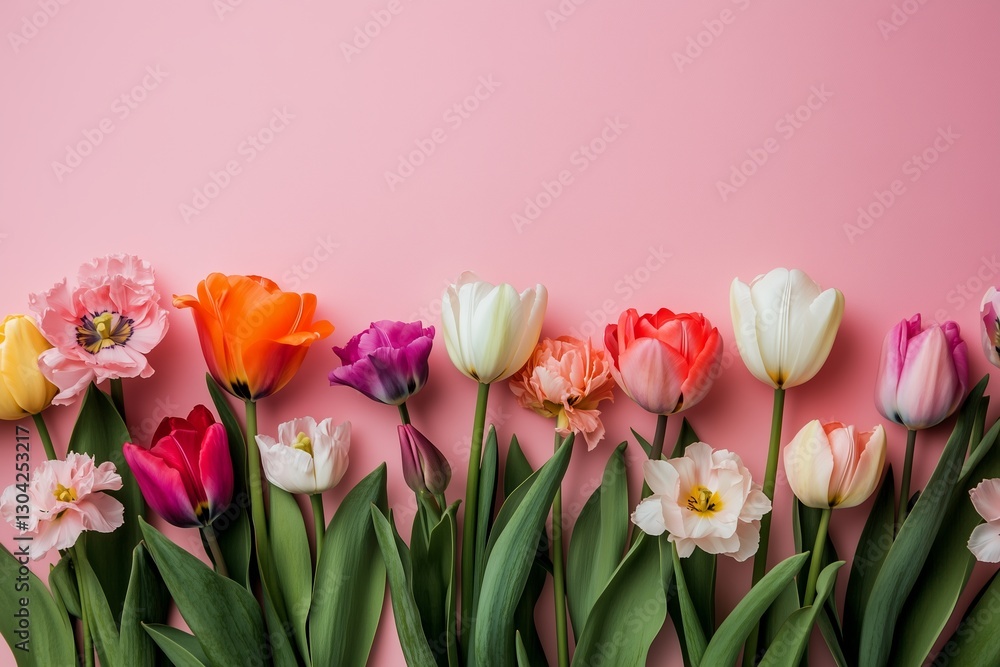 Obraz premium flowers on pastel pink background, with blank space on side for copy and text for Valentine's Day, Easter, Birthday, Happy Women's Day, Mother's Day. Flat lay, Beautiful composition