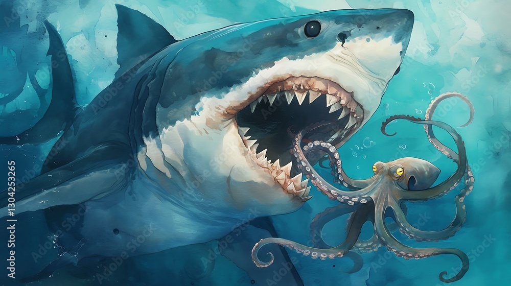 Obraz premium A great white shark fights with a giant octopus in the depths of the ocean
