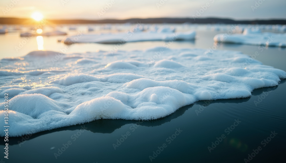 Obraz premium Cracked ice floe floating on river at sunset, nature's beauty