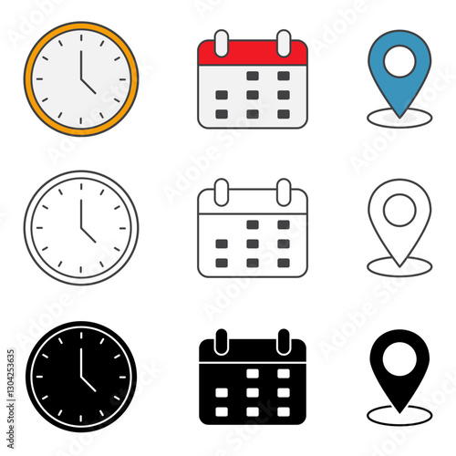 Time, date and address icon set, Clock, calendar, location flat simple infographics design template. symbols business sign vector illustration.