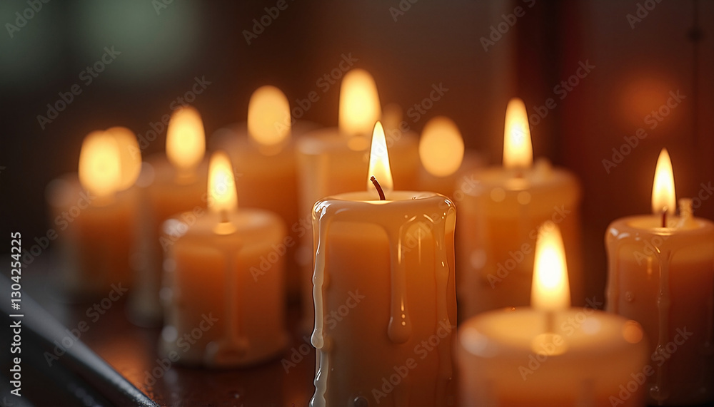 Group of burning candles with melting wax in soft light.
Group of burning candles with melting wax in soft light.