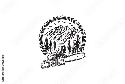 Chainsaw and Mountain Landscape Design VECTOR
