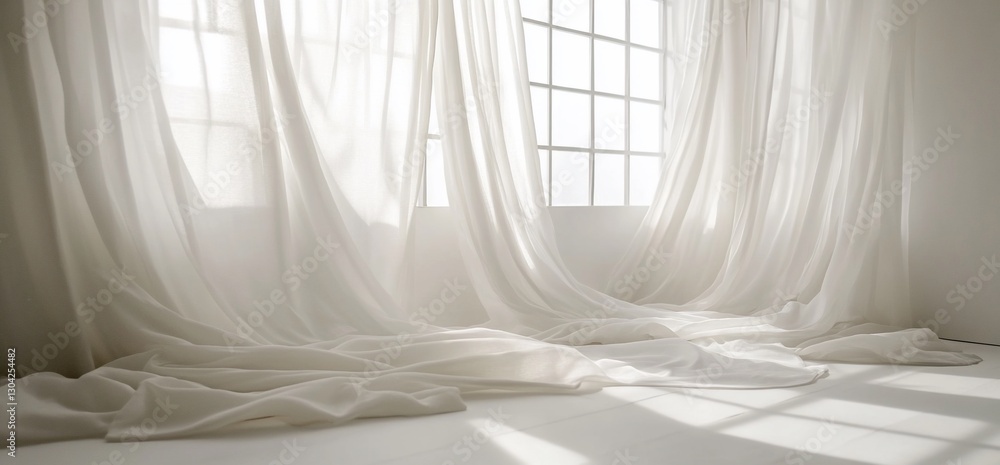 Sheer white curtains drape floor, window light, studio backdrop Sheer white curtains drape floor, window light, studio backdrop