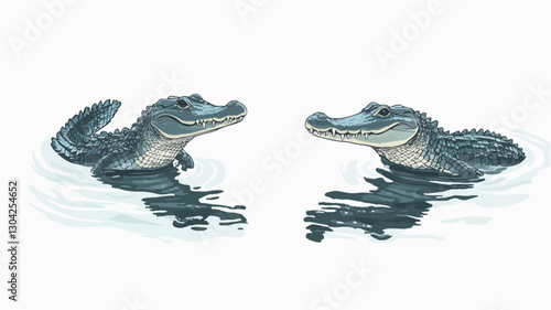 A digital illustration depicts two alligators, positioned symmetrically, facing each other in a body of water.  The alligators are rendered in shades of gray and blue-gray, exhibiting