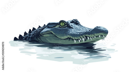 Close-up view of a crocodilian's head and shoulders partially submerged in calm water. The creature is predominantly dark bluish-grey in color with visible scales and prominent teeth. Its