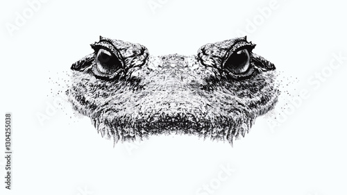 A detailed black and white illustration or drawing of the head and upper jaws of a crocodile or alligator. The image focuses on the reptile's eyes, textured snout, and scaled skin.  The