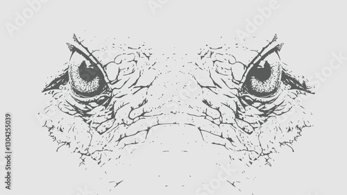 A detailed monochrome close-up illustration depicting a symmetrical view of reptilian eyes.  The image features highly textured rendering of scaly skin surrounding the eyes, with a focus on