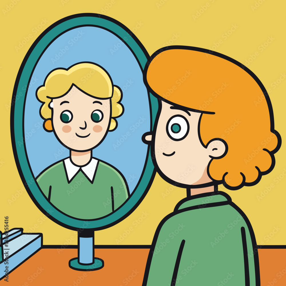 Curious child looking in a mirror with a cheerful expression against a yellow background Curious child looking in a mirror with a cheerful expression against a yellow background