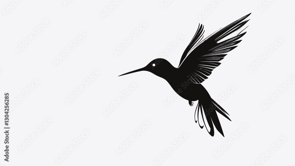 Obraz premium A stylized black and white silhouette of a hummingbird in mid-flight against a white background. The image is a vector graphic or illustration, with detailed rendering of the hummingbird's